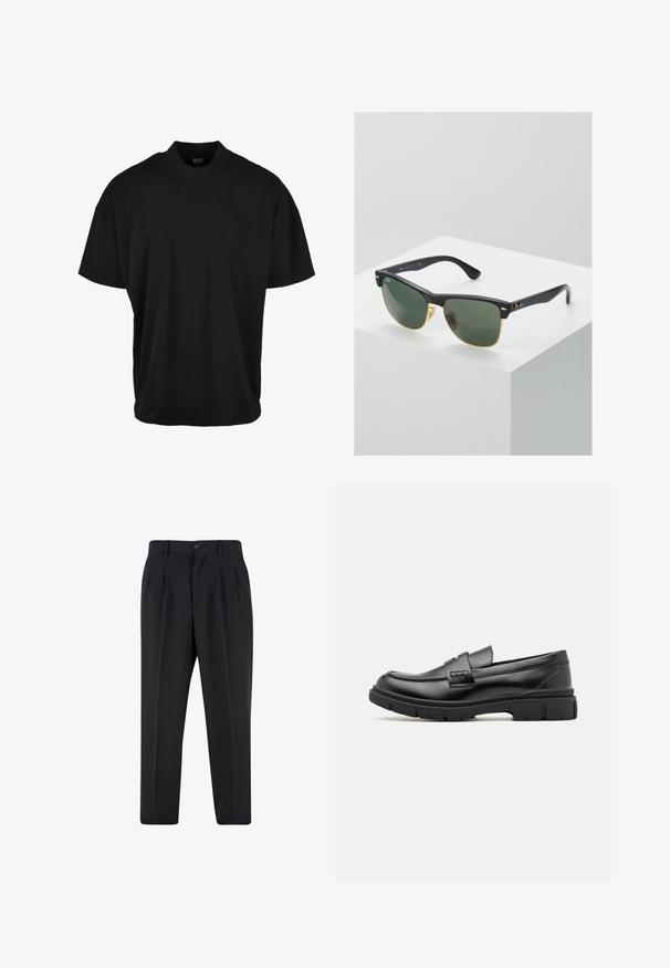 Camiseta de manga corta negra con diseño de cuello redondo, hecha de tela suave, que presenta un ajuste relajado y sin patrones o acentos visibles.; Pantalones negros a medida con pliegues delanteros, trabillas para cinturón y cierre con botón en la cintura.; Mocasin de cuero negro con una cinta ancha en el empeine, suela de goma con tacos gruesos y textura suave. Diseño clásico y elegante.; Gafas de sol Ray-Ban con lentes verdes, montura de plástico negro y acentos dorados en los bordes. Forma cuadrada con acabado mate.