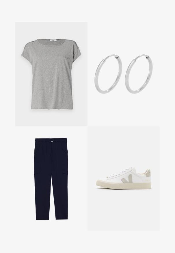 Grau kurzärmliges T-Shirt aus weichem Stoff. Verfügt über einen Rundhalsausschnitt und eine kleine Brusttasche. Einfaches Design ohne Muster oder Druck.; Marinefarbene Cargo-Hose mit einem Gürtel mit silbernem Ring, vier Taschen und tapered Beinform, aus weichem, strukturiertem Stoff.; Weiße Sneaker aus Leder mit grauen V-Logo-Akzenten, strukturiertem Gummiabsatz, weißen Schnürsenkeln sowie gepolstertem Zungen- und Knöchelbereich.; Silberne Creolen, kreisförmig, mit glatter, glänzender Oberfläche und gleichbleibender Breite. Minimalistisches Design ohne zusätzliche Akzente.