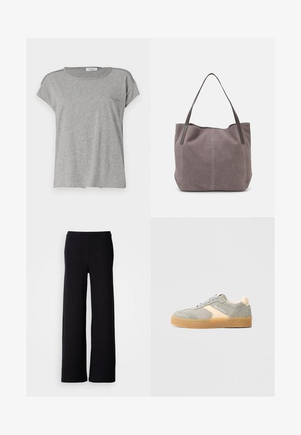 Camiseta gris de manga corta hecha de tela suave. Presenta un cuello redondo y un pequeño bolsillo en el pecho. Diseño simple sin patrones ni impresiones.; Pantalones anchos negros con rayas verticales, confeccionados en una tela texturizada. Presentan una cintura elástica para mayor comodidad.; Zapatilla deportiva con parte superior de ante gris suave con detalles beige, punta redonda, cuello acolchado, cordones gris claro y suela exterior de goma con textura color goma.; Bolso tote de ante gris con dos asas de cuero oscuro. Presenta detalles de costura en los laterales, una textura suave y una abertura espaciosa.