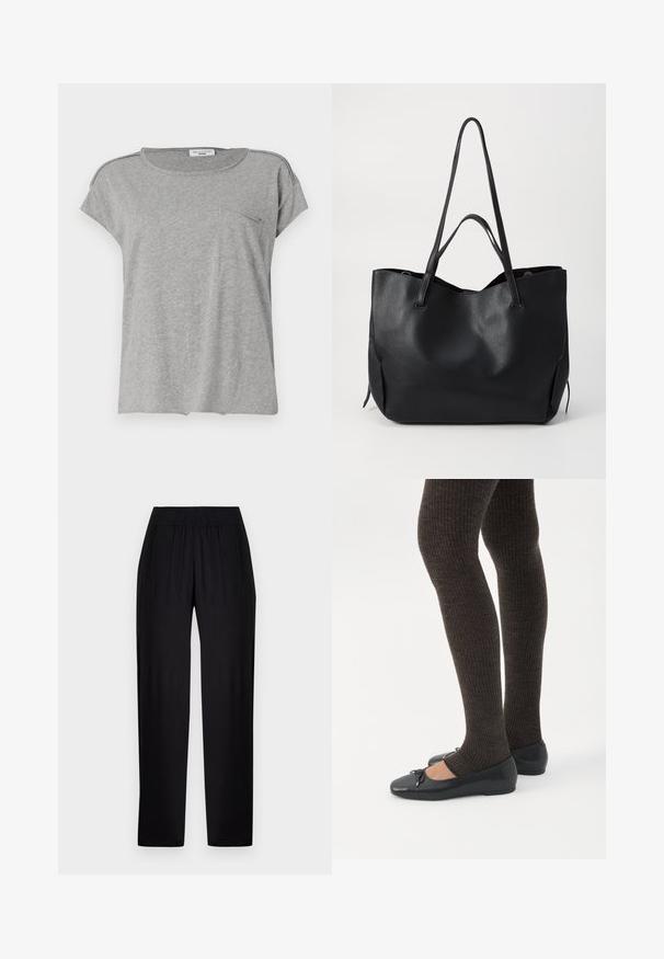 Camiseta gris de manga corta hecha de tela suave. Presenta un cuello redondo y un pequeño bolsillo en el pecho. Diseño simple sin patrones ni impresiones.; Pantalones negros de pierna recta con cintura elástica y bolsillos laterales, mostrados sobre un fondo claro y liso.; Piernas con leggings oscuros acanalados combinados con bailarinas negras que presentan pequeños detalles de lazo sobre un fondo blanco.; Bolso tote de cuero negro con superficie texturizada, dos asas largas, abertura en la parte superior y sin herrajes ni adornos visibles. Diseño simple y espacioso.