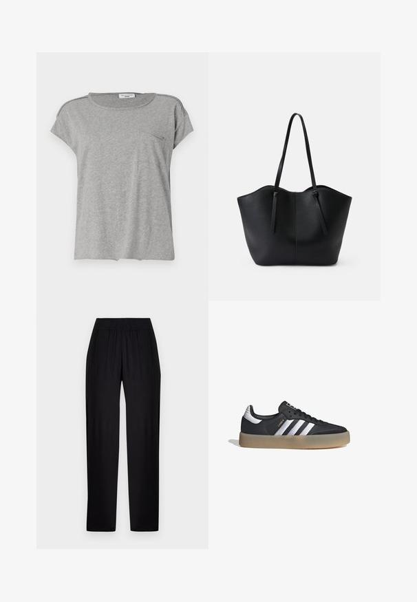 Camiseta gris de manga corta hecha de tela suave. Presenta un cuello redondo y un pequeño bolsillo en el pecho. Diseño simple sin patrones ni impresiones.; Pantalones negros de pierna recta con cintura elástica y bolsillos laterales, mostrados sobre un fondo claro y liso.; Zapatilla deportiva de cuero negro con tres rayas plateadas, punta texturizada y suela de goma. Cuenta con un collar acolchado y un diseño con cordones.; Bolso tote negro hecho de cuero texturizado, con dos asas largas y un diseño superior ondulado que incluye un detalle de costura central.