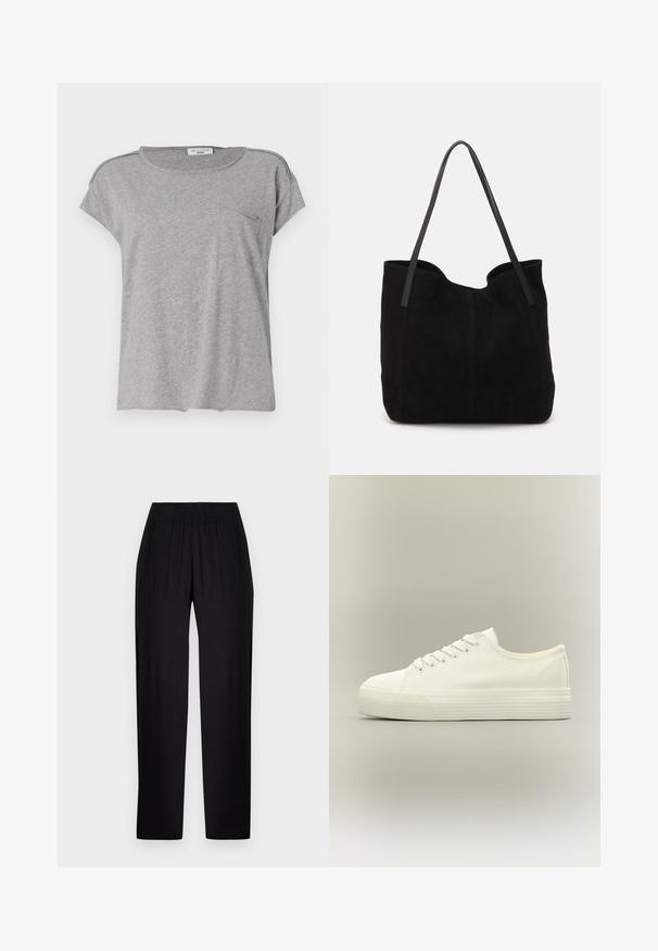 Camiseta gris de manga corta hecha de tela suave. Presenta un cuello redondo y un pequeño bolsillo en el pecho. Diseño simple sin patrones ni impresiones.; Pantalones negros de pierna recta con cintura elástica y bolsillos laterales, mostrados sobre un fondo claro y liso.; Zapatilla blanca de lona de perfil bajo con cierre de cordones en la parte delantera y suela gruesa de goma texturizada sobre fondo neutro.; Bolso de mano de ante negro con dos correas de cuero largas y planas. Presenta un borde superior curvado y costuras visibles en la parte frontal. Sin acentos de metal.