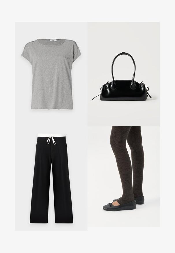Grau kurzärmliges T-Shirt aus weichem Stoff. Verfügt über einen Rundhalsausschnitt und eine kleine Brusttasche. Einfaches Design ohne Muster oder Druck.; Schwarze Hosen mit weitem Bein, weißem elastischem Bund und Kordelzug, vorne mit Falten und glatter Textur.; Beine in dunklen, gerippten Leggings kombiniert mit schwarzen Ballerinas mit kleinen Schleifendetails auf weißem Hintergrund.; Kleine schwarze glänzende Handtasche mit zwei langen Griffen und seitlichen Kordelzug-Details vor einfachem hellem Hintergrund.