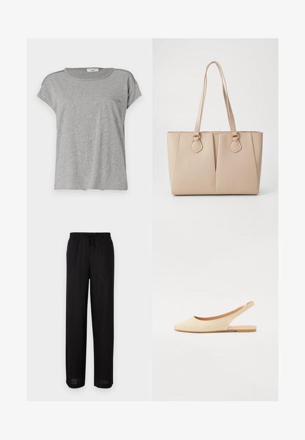 Camiseta gris de manga corta hecha de tela suave. Presenta un cuello redondo y un pequeño bolsillo en el pecho. Diseño simple sin patrones ni impresiones.; Pantalones negros de corte holgado con cintura elástica y cordón ajustable, corte recto, adecuados para uso casual.; Bailarinas color beige con tira trasera y punta afilada, fabricadas en tejido texturizado, con una suela baja y flexible y un diseño de talón abierto.; Bolso tote beige hecho de cuero sintético texturizado, con asas dobles y adornos en dorado. El diseño incluye un detalle frontal dividido.
