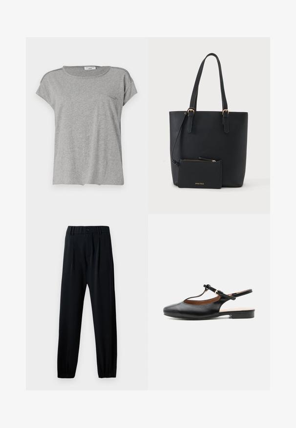 Camiseta gris de manga corta hecha de tela suave. Presenta un cuello redondo y un pequeño bolsillo en el pecho. Diseño simple sin patrones ni impresiones.; Pantalones negros con cintura elástica y cierre de botón, diseño de pierna recta y puños fruncidos. Fabricados con una tela suave y ligera.; Zapato plano slingback de cuero negro con T-correa y hebilla dorada sobre fondo neutro.; Bolso tote de cuero negro con dos asas y un pequeño monedero con cremallera a juego adjunto, con la marca Anna Field en letras doradas.