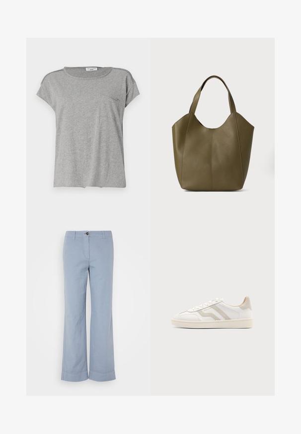 Camiseta gris de manga corta hecha de tela suave. Presenta un cuello redondo y un pequeño bolsillo en el pecho. Diseño simple sin patrones ni impresiones.; Pantalones de lino azul claro con pierna recta, cierre de botón y dobladillo vuelto. Textura suave, diseñados para uso casual.; Zapatilla blanca de caña baja con detalles en ante beige y cordones blancos, con suela texturizada y marca sutil en el lateral.; Bolso tote de piel verde oliva con asas dobles, textura suave y diseño de cuatro paneles. Costura reforzada a lo largo de las costuras para mayor durabilidad.