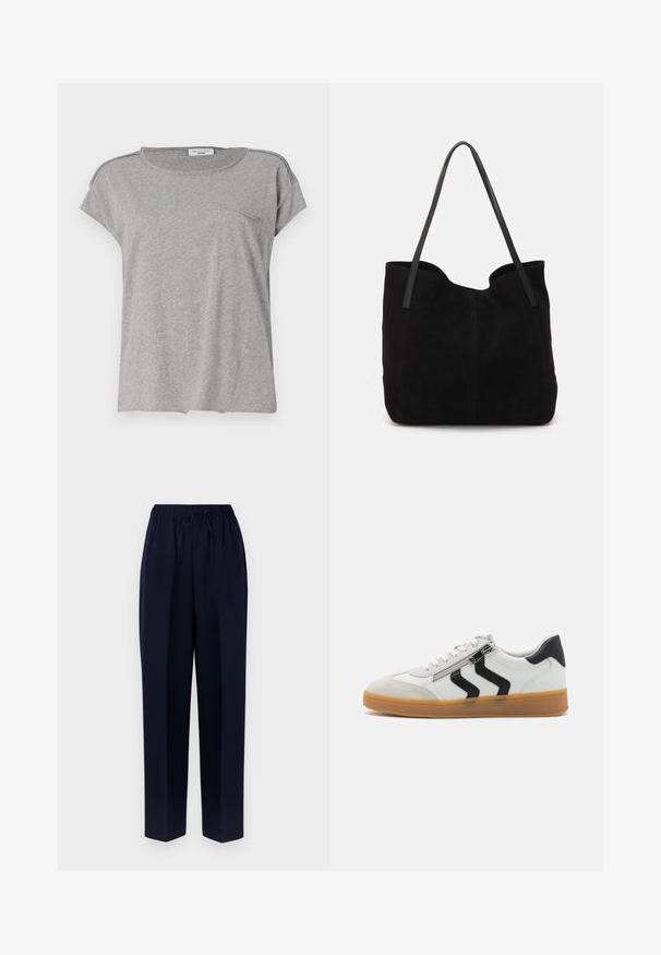 Camiseta gris de manga corta hecha de tela suave. Presenta un cuello redondo y un pequeño bolsillo en el pecho. Diseño simple sin patrones ni impresiones.; Pantalones de pierna ancha en azul marino con cintura elástica y cordón ajustable. Elaborados en tela suave con silueta recta y sin bolsillos.; Zapatillas blancas con acentos negros, que cuentan con una puntera de ante texturizado, cremalleras laterales y una suela de goma. Diseño clásico de corte bajo.; Bolso de mano de ante negro con dos correas de cuero largas y planas. Presenta un borde superior curvado y costuras visibles en la parte frontal. Sin acentos de metal.