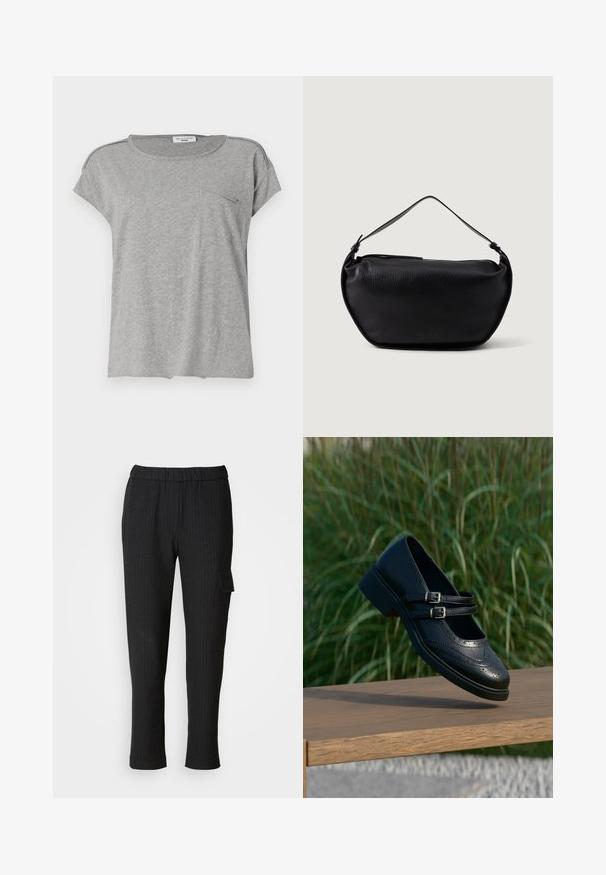 Camiseta gris de manga corta hecha de tela suave. Presenta un cuello redondo y un pequeño bolsillo en el pecho. Diseño simple sin patrones ni impresiones.; Pantalones negros a rayas con un cinturón elástico y diseño de pierna recta. Presenta un bolsillo lateral con tapa, hecho de una tela suave.; Zapato Mary Jane negro de cuero con dobles correas con hebillas y detalles brogue, flotando sobre un banco de madera con fondo de césped verde.; Bolso de cuero negro con un acabado texturizado, forma redondeada y una correa delgada. Cuenta con un cierre superior con cremallera para un almacenamiento seguro.
