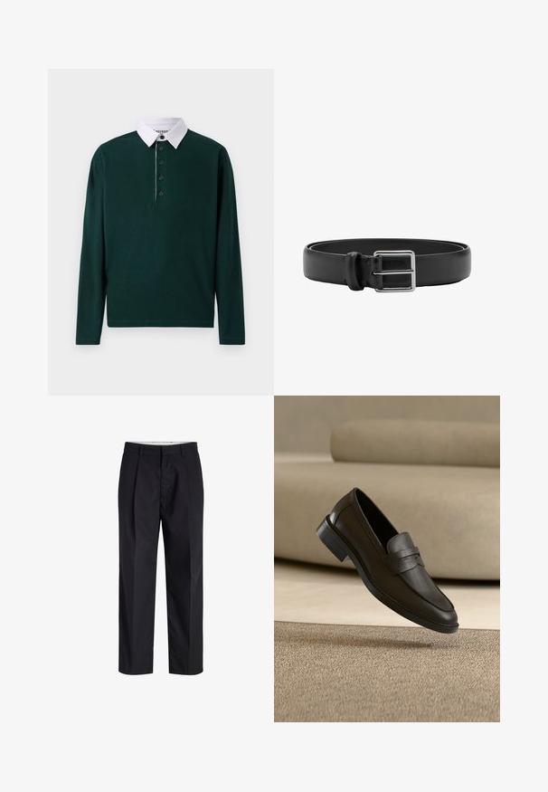 Polo shirt à manches longues de couleur vert foncé avec un col classique blanc, présentant six boutons sur le devant et une texture lisse et douce.; Pantalon noir à jambes droites avec taille, passants de ceinture, fermeture éclair à l'avant et poches latérales, présenté sur fond blanc.; Chaussure loafer en cuir noir reposant sur un tapis beige avec un canapé beige courbé en arrière-plan.; Ceinture en cuir noir avec une boucle métallique rectangulaire argentée et une seule boucle pour la fixation.