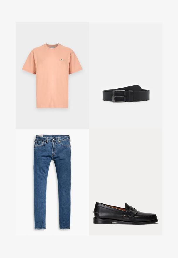 Kurzarm-T-Shirt mit Rundhalsausschnitt aus leichtem Pfirsichbaumwolle, mit kleinem grünen Lacoste-Krokodil-Logo auf der linken Brust.; Blaue Slim-Fit-Jeans aus Denim mit fünf Taschen, Frontknopf und Gürtelschlaufen, flach auf einem weißen Hintergrund präsentiert.; Schwarzer Lederloafer mit niedrigem Absatz und Pennyriemendetail, von der Seite auf hellgrauem Hintergrund gezeigt.; Schwarzer Leder-Gürtel mit glatter Textur, ausgestattet mit einer silberfarbenen Metallschnalle und einem klassischen Design. Verstellbare Länge, minimalistischer Stil.