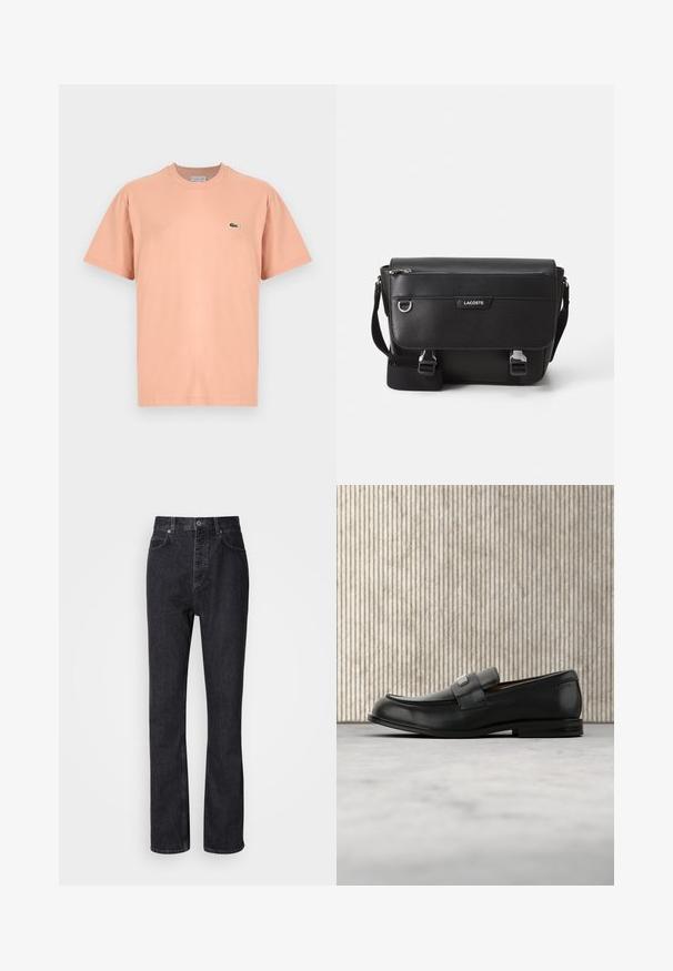 Kurzarm-T-Shirt mit Rundhalsausschnitt aus leichtem Pfirsichbaumwolle, mit kleinem grünen Lacoste-Krokodil-Logo auf der linken Brust.; Hochtaillierte schwarze Jeans aus Denim mit Knopf- und Reißverschluss, Vorder- und Hintertaschen sowie einer geraden Passform.; Schwarzer Lederloafer mit einer Metallmarkenplatte, der nahe einem braunen runden Tisch auf beigem Teppichboden ruht.; Schwarze, strukturierte Lacoste-Umhängetasche mit verstellbarem Tragegurt, Frontklappe, Reißverschlusstasche und Metallschnallen.