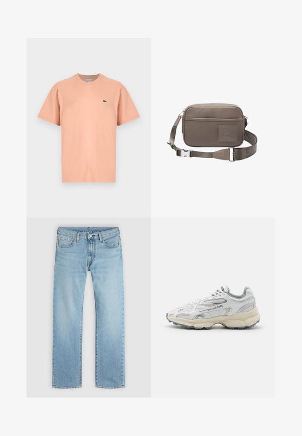 Camiseta de manga corta y cuello redondo en algodón color durazno claro con un pequeño logo de cocodrilo verde de Lacoste en el lado izquierdo del pecho.; Vaqueros de denim azul claro de pierna recta con botón frontal y bolsillos, mostrados planos sobre un fondo gris claro.; Zapatillas deportivas blancas con detalles en gris, parte superior de malla y sintético, diseño de cordones, y suela de goma texturizada con patrones de tracción.; Bolso bandolera compacto rectangular en color topo con cierre de cremallera, bolsillo delantero y correa ajustable con texto del nombre de la marca.