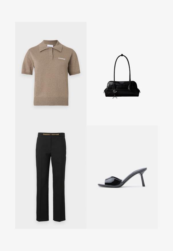 Polo en maille à manches courtes de couleur marron clair, doté d'un col côtelé, d'une patte à trois boutons et d'un logo brodé sur la poitrine.; Pantalon noir au design droit, avec un accent de chaîne dorée au niveau de la taille. Fabriqué en tissu lisse avec une coupe ajustée.; Sandales à talons ouverts en cuir verni noir, avec un design supérieur incurvé et un talon aiguille effilé. Finition lisse et brillante.; Sac à épaule en cuir noir à texture crocodile, avec de longues sangles et un petit charm logo argenté sur une sangle.