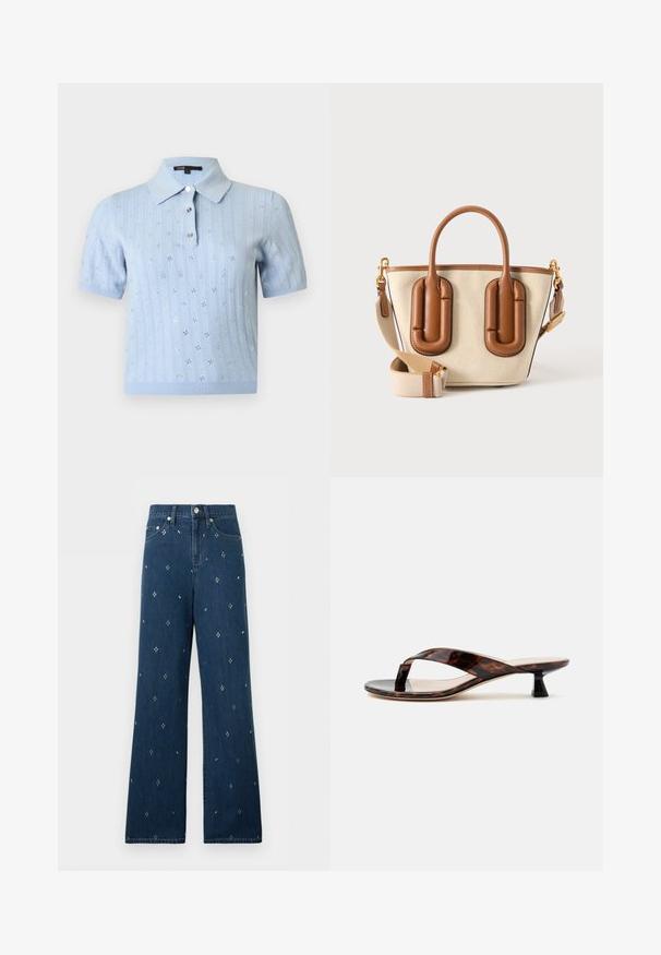 Polo en tricot bleu clair à manches courtes avec motif floral en œillets et trois boutons sur le devant, sur un fond uni.; Jean bleu marine coupe large à taille haute, bouton argenté, poches avant, avec un motif discret de petits points sur tout le tissu.; Sandale à talon kitten écaille de tortue marron avec bride entre les orteils et bout carré sur un fond clair uni.; Sac à main en toile beige avec poignées et détails en cuir marron, doté d'une bandoulière amovible en tissu beige avec ferrures dorées.
