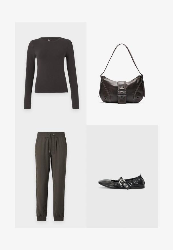 Top de manga larga hecho de algodón gris oscuro con cuello redondo, diseño ajustado y textura suave. Sin patrones ni acentos notables.; Pantalones jogger de color verde oscuro, hechos de tela ligera, con una cinturilla elástica con cordón y puños elásticos en los tobillos.; Zapato plano de piel negra con puntera afilada, detalle fruncido alrededor de la abertura y un acento de hebilla plateada en la correa ajustable.; Bolso de hombro de cuero marrón con forma curva, que presenta un prominente detalle de hebilla, costuras en contraste y una sola correa para el hombro.