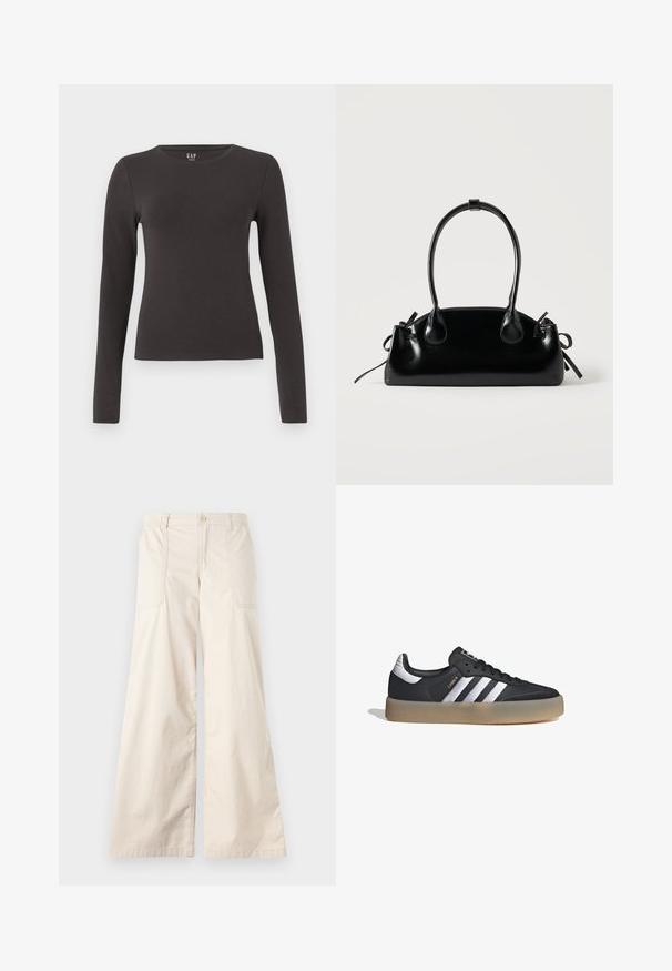 Top de manga larga hecho de algodón gris oscuro con cuello redondo, diseño ajustado y textura suave. Sin patrones ni acentos notables.; Pantalones anchos color beige con cierre de botón, cinturilla elástica y dos bolsillos laterales. Tejido de algodón suave con una textura agradable.; Zapatilla deportiva de cuero negro con tres rayas plateadas, punta texturizada y suela de goma. Cuenta con un collar acolchado y un diseño con cordones.; Pequeño bolso negro brillante con dos asas largas y detalles de cordón lateral sobre un fondo claro liso.