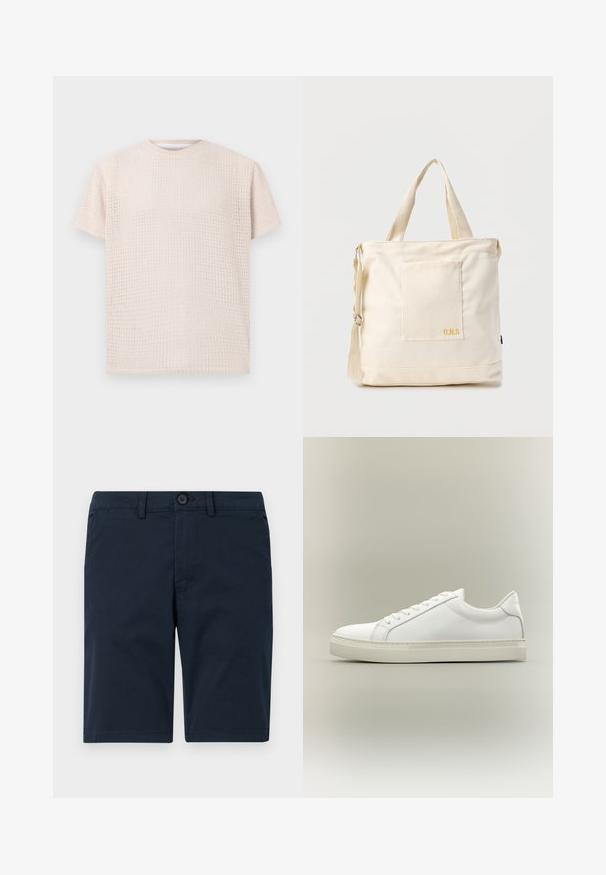 Licht beige korte mouwen t-shirt met een gestructureerd patroon en een losse pasvorm. Ronde halslijn en zachte stof, geschikt voor casual draag.; Marineblauwe shorts van een katoenmix, met een knoopsluiting, riemlussen en een rechte zoom met minimale details.; Witte lage sneaker met veters aan de voorkant en dikke zool, zijaanzicht tegen een neutrale achtergrond.; Crèmekleurige canvas boodschappentas met voorvak, twee handvatten, verstelbare schouderriem en kleine gele "O.N.S" tekst rechtsonder op het vak.