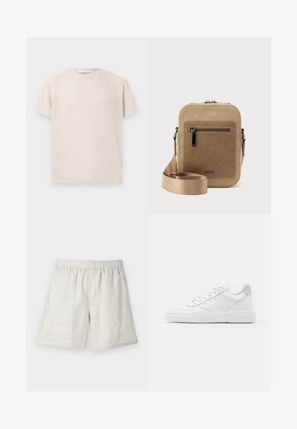 Licht beige korte mouwen t-shirt met een gestructureerd patroon en een losse pasvorm. Ronde halslijn en zachte stof, geschikt voor casual draag.; Licht beige linnen shorts met een elastische tailleband, met een relaxed fit en minimale naden voor een eenvoudig, casual ontwerp.; Witte leren sneakers met een gladde afwerking, ronde neus, platte veters en een gestructureerde zool. Grijze suède accent bij de hiel.; Kleine beige crossbodytas met een voorvak met ritssluiting, metalen ALDO-logo, verstelbare brede band en afgeronde rechthoekige vorm op een witte achtergrond.