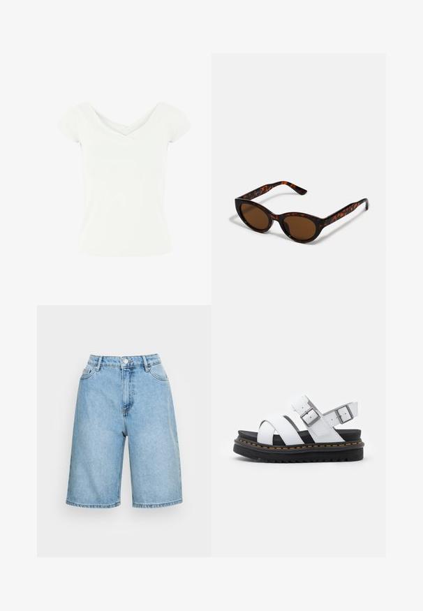 Hvid kortærmet top med en crossover V-udskæring, lavet af et glat stof. Har en tætsiddende silhuet og en ren kant.; Lysblå denimshorts med høj talje, der har en knaplukning, fem lommer og en afslappet pasform, der går til midten af låret.; Hvide lædersandaler med justerbare spænder, lagdelt sort platformssål og orange syning langs kanten.; Brune skildpadde solbriller med en vintage katteøje-form og brune linser. Har buede arme med røde detaljer.