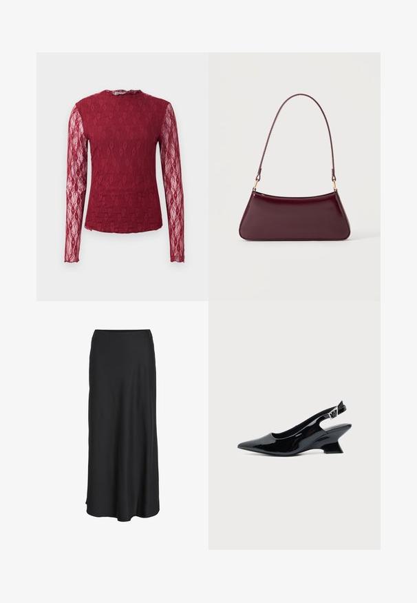 Langærmet bordeaux bluse med blonde, gennemsigtige ærmer, blomsterdesign og rund halsudskæring på en ensfarvet baggrund.; Sort maxinederdel lavet af glat, letvægtsstof. Har en enkel A-formet silhuet med en let udvidet kant og ingen synlige lukninger.; Sort laklæder slingback sko med spids tå og lav vinklet blokhæl på ensartet lys baggrund.; Mørk burgunderglans håndtaske med et enkelt tyndt håndtag og en elegant, trapezformet form på en ensartet lys baggrund.