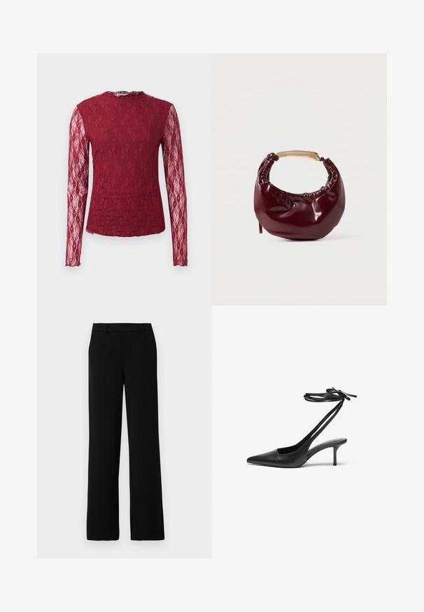 Langærmet bordeaux bluse med blonde, gennemsigtige ærmer, blomsterdesign og rund halsudskæring på en ensfarvet baggrund.; Sorte vide bukser lavet af glat stof, med flad front, to sidelommer og en skræddersyet talje for et elegant udseende.; Sorte læder stiletto sko med spids tå, åben bag, og ankelstropper bundet i en sløjfe. Slank 3-tommers hæl. Glat overflade, minimalistisk design.; Bordeaux farvet faux læder handbag med en afrundet form, samling detaljer og et guldtonet metalhåndtag. Glat tekstur og blank finish.