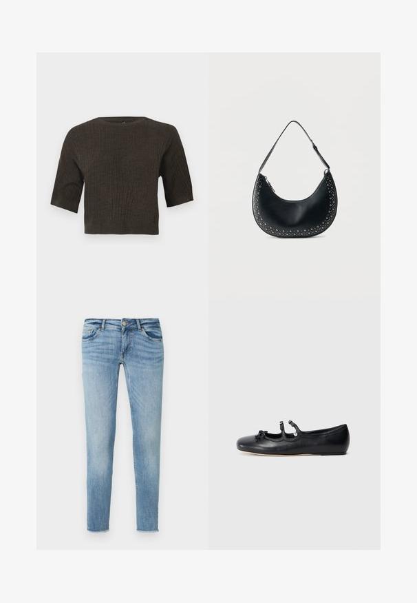 Brun ribbet strik top med korte ærmer, rund halsudskæring og cropped design. Den strukturerede stof fremhæver lodrette linjer gennem hele toppen.; Lyseblå denimjeans med slank pasform, fem lommer, knaplukning og subtil falmning. Foret er let frynset.; Sort læder ballet flade sko med et åbent design, har to dekorative stropper og en sløjfedetalje på tåen, flad sål. Glat tekstur.; Sort skuldertaske i læder med halvmåneform, sølvnitter langs kanterne og en justerbar rem på en hvid baggrund.