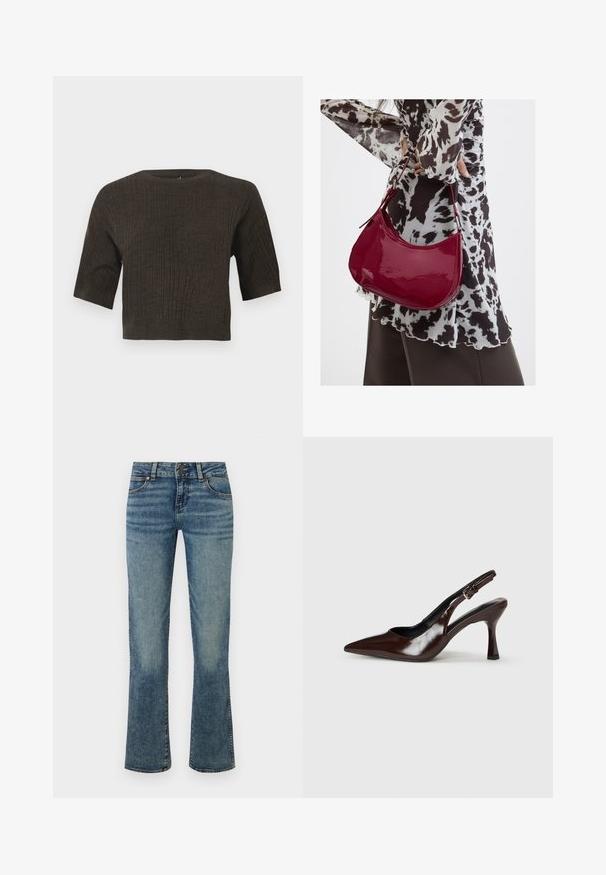 Brun ribbet strik top med korte ærmer, rund halsudskæring og cropped design. Den strukturerede stof fremhæver lodrette linjer gennem hele toppen.; Blå denim jeans med mellemhøj talje, knaplukning, forlommer og let udvidede ben med falmede detaljer.; Brune patenterede læderslingback-sandaletter med spids tå, en tynd hæl og justerbar rem med en lille spænde.; Kvinde iført en sort- og hvidmønstret bluse, der holder en blank rød skuldertaske mod en ensfarvet baggrund.