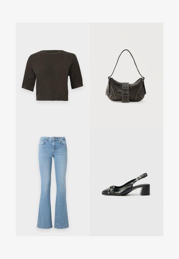 Brun ribbet strik top med korte ærmer, rund halsudskæring og cropped design. Den strukturerede stof fremhæver lodrette linjer gennem hele toppen.; Lysblå løse jeans med høj talje, lavet af denim. Har fem lommer og en knaplukning. Glat tekstur med let falmning.; Sorte læder slingback hæl med spids tå, tekstureret rem med cirkulære metalliske accenter, og en stablet blokhæl.; Sort læder skuldertaske med spænde på remmen, afrundede kanter og kontrasterende hvide syninger på en ensfarvet baggrund.