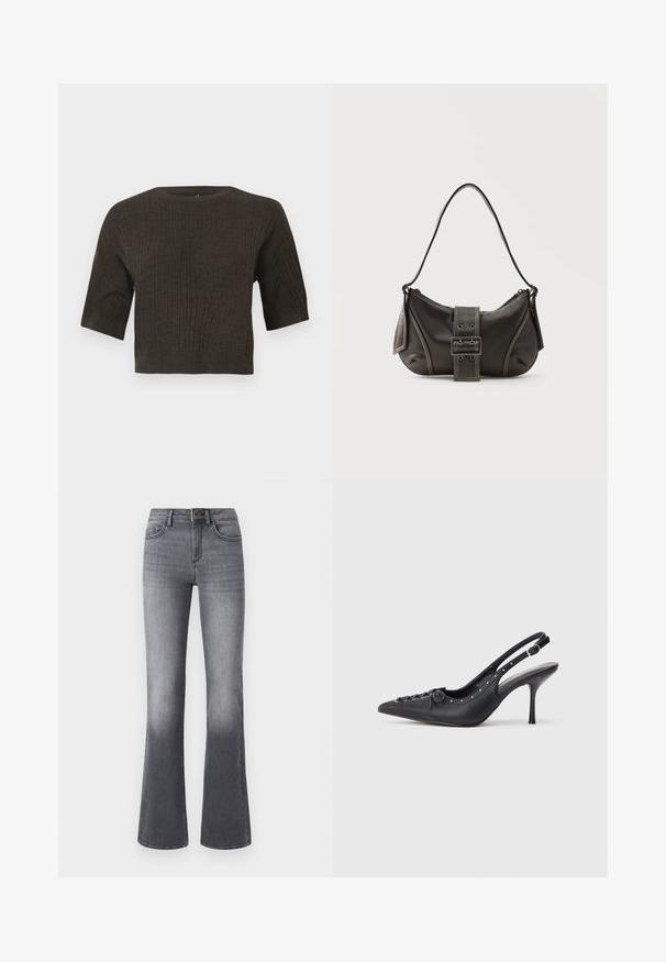Braun gerippter Strickoberteil mit kurzen Ärmeln, rundem Halsausschnitt und cropped Design. Die strukturierte Stoff hat vertikale Linien, die sich durch das gesamte Oberteil ziehen.; Hochtaillierte, ausgestellte Jeans aus dunkelgrauem Denim mit Fronttaschen, Knopfverschluss und dezentem Ausbleichen zum Saum hin.; Schwarzer Leder-Slingback-Stiletto mit spitzem Zehenaufsatz, seitlichem Schnallenriemen, Nieten entlang der Kante und dekorativer Schnürung vorne.; Schwarze Leder-Schultertasche mit Schnallengurt-Detail, abgerundeten Kanten und kontrastierenden weißen Nähten auf schlichtem Hintergrund.