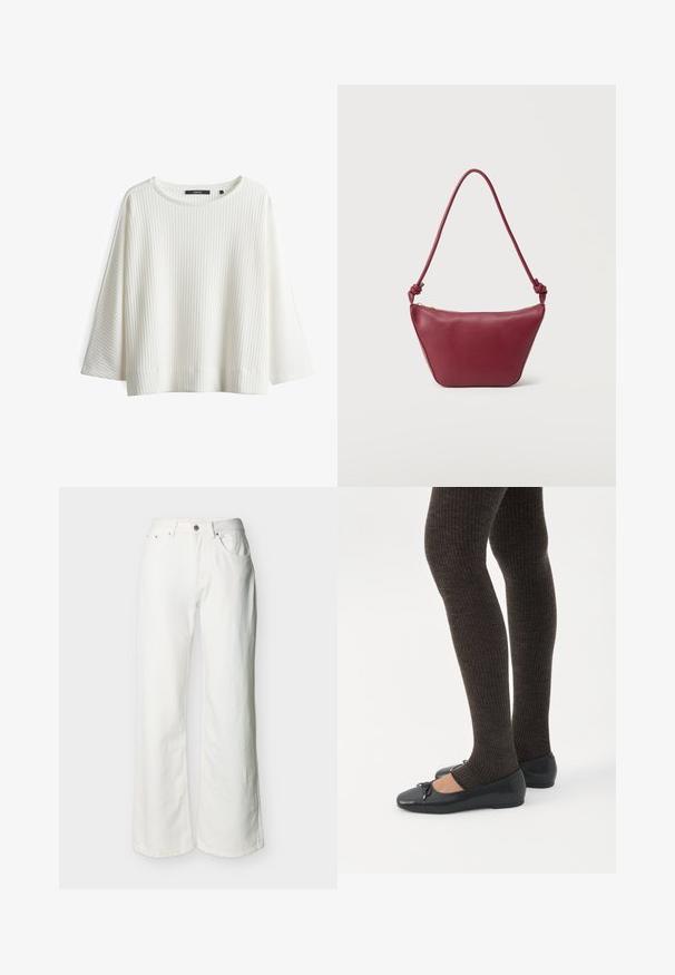 Witte geribde top met een ronde halslijn, brede mouwen en een losse pasvorm. Gemaakt van gestructureerd materiaal, met subtiele horizontale lijnen.; Witte high-waist jeans met knoop- en ritssluiting, voorspeten en licht uitlopende pijpen, weergegeven op een effen achtergrond.; Benen met donkere geribbelde leggings gecombineerd met zwarte ballerina's met kleine strikdetails op een witte achtergrond.; Kleine bordeauxrode leren schoudertas met geknoopte riem en ritssluiting aan de bovenkant tegen een effen lichte achtergrond.