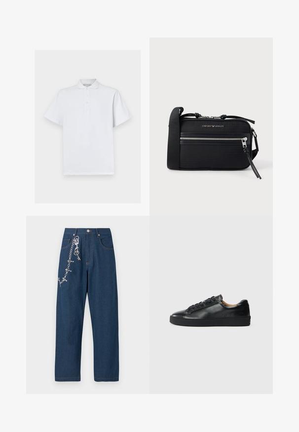 Weißes Polohemd aus Baumwolle, mit klassischem Kragen, kurzen Ärmeln und einer Knopfleiste mit drei Knöpfen. Glatte Textur, keine Muster.; Dunkelblaue Canvas-Weitbein-Jeans mit einer Kette, an der auf der linken Seite Strasssteine befestigt sind, und sichtbaren orangen Nähten an den Taschen und dem Saum.; Schwarze Leder-Sneaker mit glatter Textur, runder Zehenpartie und Schnürverschluss. Verfügt über eine dicke Gummisohle und minimalistische Marken-Details.; Schwarze Nylon-Umhängetasche mit silbernen Beschlägen, einem oberen Reißverschluss, einer Fronttasche und einem geprägten Logo. Verstellbarer Gurt inklusive.