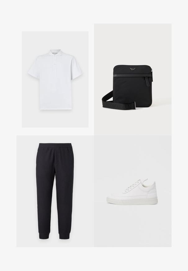 Witte polo met korte mouwen, gemaakt van katoen, met een klassieke kraag en een drie-knopssluiting. Soepele textuur, geen patronen.; Zwarte taps toelopende joggingbroek met elastische tailleband en boorden, voorzien van een subtiel textuurpatroon en zijzakken.; Witte leren sneaker met een afgeronde neus, platte zool en veters aan de voorkant. Voorzien van stikseldetails en een gevoerde kraag voor comfort.; Zwarte vierkante schoudertas met ritssluiting, voorvak en verstelbare band met geperste merknaam.