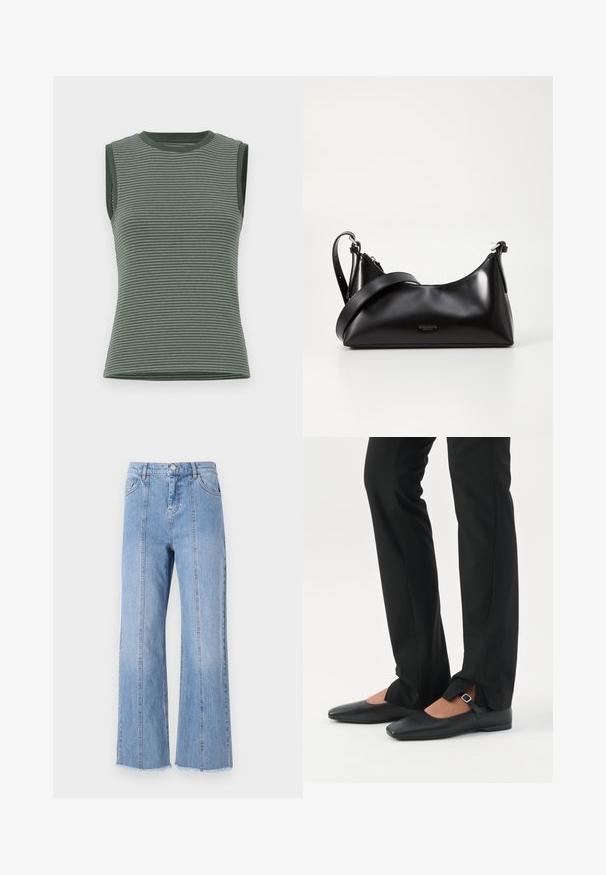 Débardeur sans manches de couleur vert muet, présentant des rayures horizontales, une texture côtelée et un col rond avec des finitions contrastées aux emmanchures.; Jean large en denim bleu clair avec taille haute, coutures avant et ourlet brut. Présente une fermeture à bouton et à glissière classique à la taille.; Jambes vêtues d’un pantalon slim noir avec des fentes à l’avant de l’ourlet, assorties à des chaussures plates Mary Jane noires avec une petite bride à boucle.; Sac à main en cuir noir avec une texture lisse. Dispose d'une bandoulière adjustable et d'un design élégant et minimaliste avec une fermeture éclair.