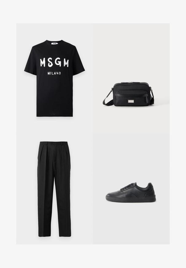 T-shirt en coton noir avec un texte blanc audacieux "MSGM MILANO". Manches courtes et col rond. Texture lisse avec une coupe décontractée.; Pantalons plissés noirs au design sur mesure, confectionnés en tissu lisse, avec une fermeture à bouton et une coupe droite.; Chaussure de sport en cuir noir avec une finition lisse, bout arrondi, panneau latéral texturé et lacets noirs. Présente une semelle en caoutchouc plate et un design minimaliste.; Sac bandoulière rectangulaire noir avec poche avant zippée, sangle réglable et plaque logo rectangulaire argentée sur fond uni.
