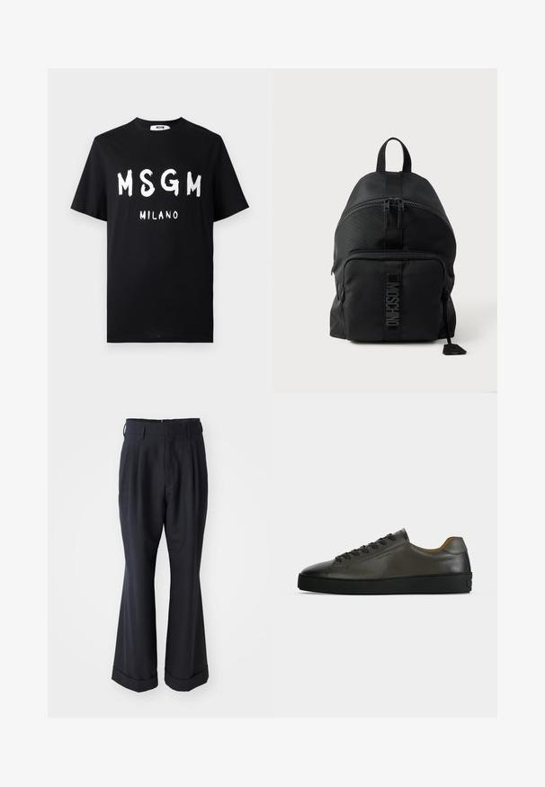 T-shirt en coton noir avec un texte blanc audacieux "MSGM MILANO". Manches courtes et col rond. Texture lisse avec une coupe décontractée.; Pantalons noirs ajustés avec une coupe décontractée, devant plissé et jambes larges. Caractéristiques d'un ourlet à retournement et d'une texture de tissu lisse.; Basket basse en cuir gris foncé avec lacets et semelle noirs, design minimaliste, profil latéral sur un fond clair uni.; Sac à dos Moschino noir avec poignée supérieure, poche zippée à l'avant et logo visible sur la sangle de la poche avant, sur un fond clair uni.