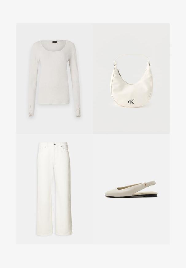 T-shirt à manches longues gris clair en coton doux avec un col en scoop et des accents de boutons aux poignets. Design simple et minimaliste.; Jean blanc à jambes larges avec boutons à l'avant, passants de ceinture et design à cinq poches.; Chaussure plate slingback en cuir couleur crème avec un bout arrondi et un petit emblème doré sur la bride.; Petit sac à main blanc en forme de croissant avec une courte bandoulière, fermeture éclair et logo "cK" noir sur le devant.