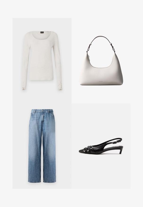T-shirt à manches longues gris clair en coton doux avec un col en scoop et des accents de boutons aux poignets. Design simple et minimaliste.; Jean en denim bleu clair, coupe large, taille haute, avec bouton à l'avant et poches latérales, présenté sur un fond blanc.; Chaussure slingback en cuir noir avec bout pointu, trois boucles argentées à l'avant et petit talon kitten sur fond blanc.; Sac à bandoulière en cuir couleur crème de Calvin Klein avec bord supérieur incurvé, fermeture éclair argentée et sangle ajustable brun foncé.