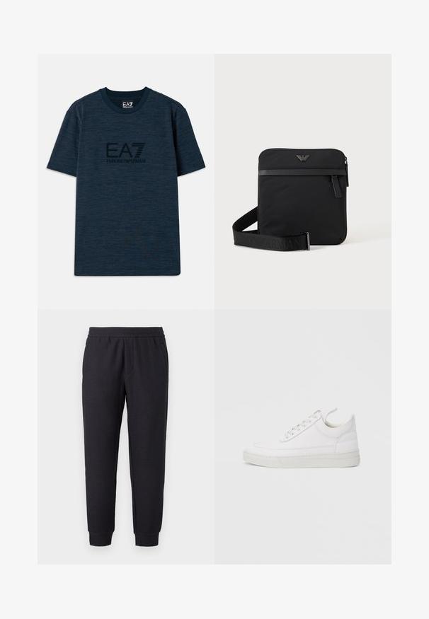 Mørkeblå bomulds-T-shirt med korte ærmer, der har en tekstureret overflade og et centralt EA7 Emporio Armani-logo i sort.; Sorte, tilspidsede joggingbukser med elastisk talje og buksekant, med et diskret tekstureret mønster og sidelommer.; Hvid lædersneaker med rundet tå, flad sål og snørebånd foran. Har syningsdetaljer og polstret krave for komfort.; Sort firkantet skuldertaske med lynlås, frontlomme og justerbar rem med præget brandnavn.