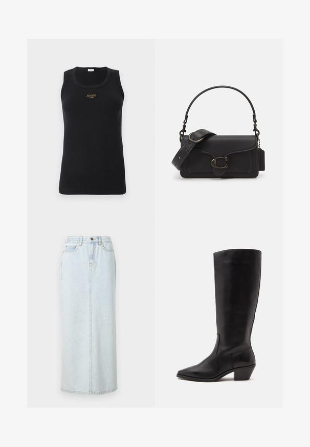 Débardeur noir à côtes avec un design ajusté, arborant une étiquette logo dorée sur la poitrine. Fabriqué à partir d'un tissu extensible, sans manches et avec un col rond.; Jupe maxi en denim bleu clair avec un design droit, fermeture à boutons sur le devant et couture visible. Elle comporte deux poches avant.; Botte en cuir noire mi-mollet avec un bout pointu et un talon bas incliné sur un fond clair uni.; Sac à bandoulière en cuir noir avec une surface texturée, une sangle ajustable et des détails en métal argenté. Il dispose d'un rabat avant avec une fermeture à clip.