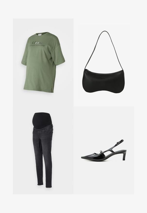 Olivengrünes, übergroßes Baumwoll-T-Shirt mit kurzen Ärmeln, Rundhalsausschnitt, seitlichen Schlitzen und bedrucktem Text mit floralen Akzenten auf der Vorderseite.; Schwangerschaftsjeans aus dunkelgrauem Denim mit einem dehnbaren schwarzen Bund. Sie bieten eine schlanke Passform und leicht ausgefranste Saumabschlüsse an den Knöcheln.; Schwarzer Slingback-Schuh aus Lackleder mit spitzer Kappe, niedrigem Absatz und zwei verstellbaren Schnallenriemen, seitlich dargestellt.; Schwarze Leder-Schultertasche mit geschwungener Form, Reißverschluss und einem einzigen dünnen Riemen; glatte Textur und dezentes, eingeprägtes Logo-Detail.