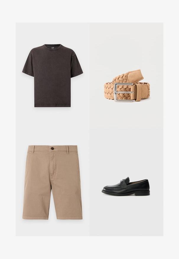 T-shirt gris foncé à manches courtes avec col rond, coupe décontractée, coutures visibles et petit logo "GAP" sur le col intérieur.; Shorts décontractés beiges avec fermeture à boutons, passants pour ceinture et poches latérales, présentés à plat sur fond blanc.; Mocassins en cuir noir avec une finition lisse, dotés d'une bande supérieure texturée, d'un talon bas et de détails de couture minimalistes.; Ceinture tressée en daim marron clair avec une boucle rectangulaire en métal argenté, roulée sur un fond uni clair.