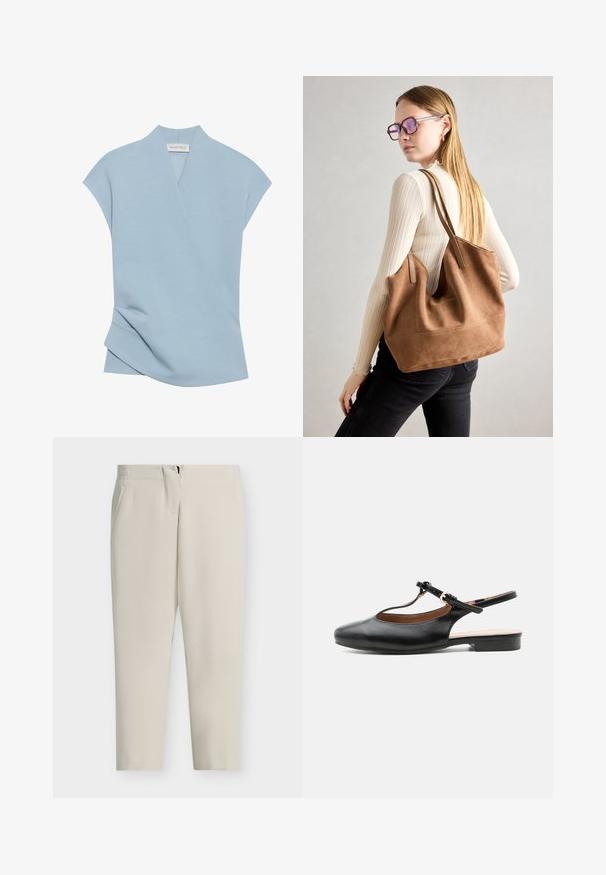 Lichtblauw kortere mouwtop met een wikkelontwerp, zachte textuur en subtiele stikdetails. Gemaakt van een comfortabele stofmix.; Beige op maat gemaakte broek met rechte pijpen, zijzakken en een ritssluiting aan de voorkant. Soepele stof met een strak, minimalistisch design.; Zwarte leren platte slingbackschoen met T-bandje en gouden gesp op een neutrale achtergrond.; Bruine suède totebag met zachte textuur, grote opening en lange hengsels. Het heeft een eenvoudig ontwerp met zichtbare stiksels en geen hardware.