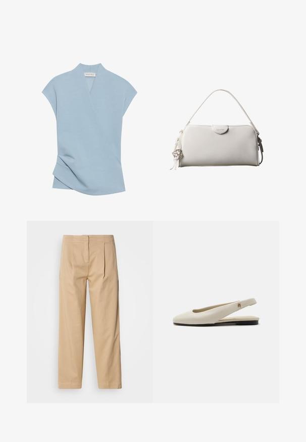 Lichtblauw kortere mouwtop met een wikkelontwerp, zachte textuur en subtiele stikdetails. Gemaakt van een comfortabele stofmix.; Beige katoenen broek met een ontspannen pasvorm, voorzien van twee voorplooien, een rechte pijp en een klassieke knoopsluiting in de taille.; Crèmekleurige leren slingback platte schoen met ronde neus en klein gouden embleem op het bandje.; Witte rechthoekige Calvin Klein handtas met enkele handgreep, minimalistisch ontwerp en decoratieve kwastjes met geometrische metalen hanger aan de zijkant.
