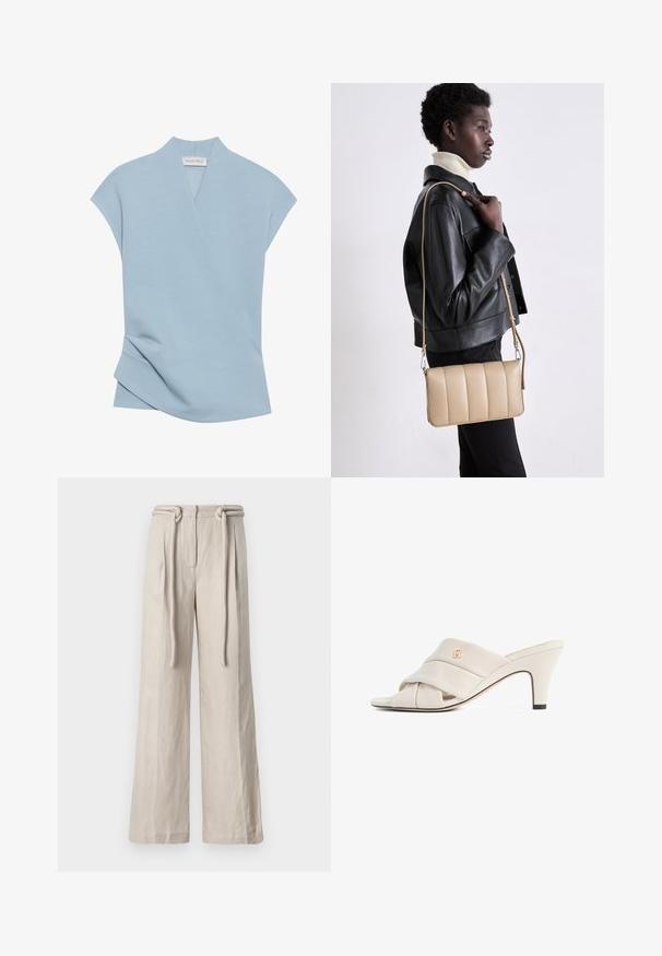 Haut bleu clair à manches courtes avec un design croisé, une texture douce et des détails de couture subtils. Fabriqué à partir d'un mélange de tissus confortable.; Pantalons larges en lin beige clair avec une taille haute, des plis avant et un détail de ceinture nouée. Texture lisse et coupe décontractée.; Mules à talons hauts beiges avec un design de bride en cuir torsadé, bout ouvert et motif de logo en relief. Le talon présente un détail d'embout noir.; Sac en cuir beige en bandoulière avec un design matelassé, de forme rectangulaire, avec une fine sangle et des détails en métal argenté, porté par une personne en veste noire.
