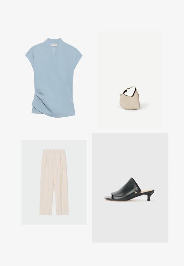 Haut bleu clair à manches courtes avec un design croisé, une texture douce et des détails de couture subtils. Fabriqué à partir d'un mélange de tissus confortable.; Pantalon beige taille haute à jambes larges, avec plis devant et passants pour ceinture, présenté à plat sur fond blanc.; Mules ouverts en cuir noir avec un talon bas. Présentent une surface lisse et un accent logo doré sur le côté.; Sac à main en cuir beige en forme de croissant avec une seule bandoulière et des coutures minimalistes, posé sur un fond blanc uni.