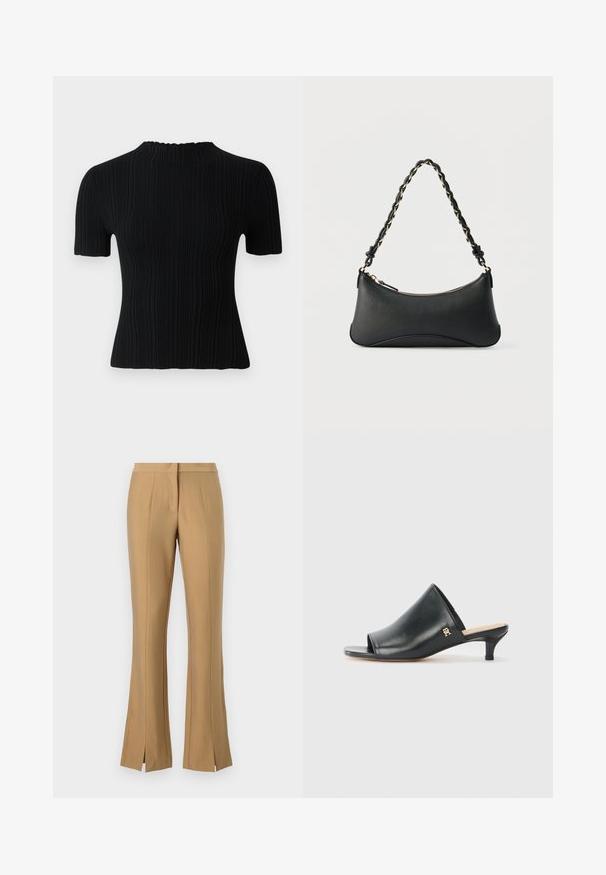 Top corto de manga corta negro con cuello alto. Presenta una tela texturizada y una silueta ajustada, ofreciendo opciones de estilo casual y versátil.; Pantalones acampanados beige con aberturas frontales, fabricados en tejido suave. Presentan una cinturilla plana y detalles de pliegues marcados que recorren las piernas.; Mules de cuero negro de punta abierta con un tacón bajo. Presentan una superficie lisa y un acento del logo dorado en el costado.; Bolso de hombro de cuero negro con forma rectangular curvada, cadena dorada entrelazada en una correa negra trenzada y cierre superior con cremallera.