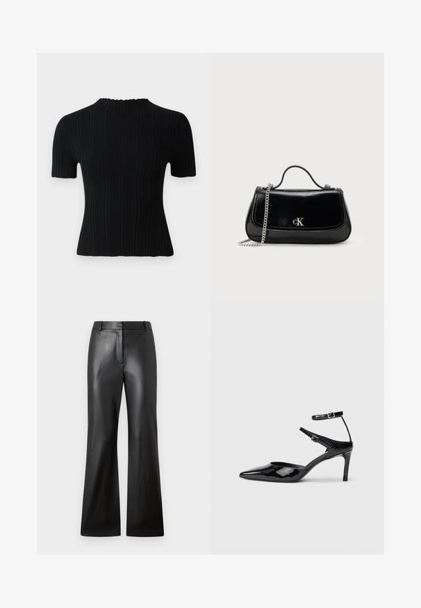 Top corto de manga corta negro con cuello alto. Presenta una tela texturizada y una silueta ajustada, ofreciendo opciones de estilo casual y versátil.; Pantalones de cuero negro con una textura suave, diseño de pierna ancha y una cinturilla de altura media que presenta trabillas para cinturón y bolsillos frontales.; Tacones de charol negros con puntera puntiaguda, correas ajustables en el tobillo y un tacón delgado. Textura suave con un acabado brillante.; Bolso de mano de cuero negro con correa de cadena, forma estructurada y un acento de logo plateado. Textura suave con cierre de solapa.