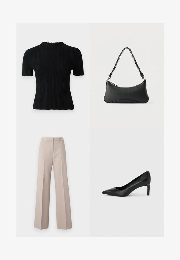 Top corto de manga corta negro con cuello alto. Presenta una tela texturizada y una silueta ajustada, ofreciendo opciones de estilo casual y versátil.; Pantalones de pierna ancha beige, fabricados con un tejido suave, que cuentan con una cintura alta, pliegues frontales y una silueta ajustada.; Zapato de salón negro de piel con punta afilada y tacón delgado de altura media sobre un fondo liso de color gris claro.; Bolso de hombro de cuero negro con forma rectangular curvada, cadena dorada entrelazada en una correa negra trenzada y cierre superior con cremallera.