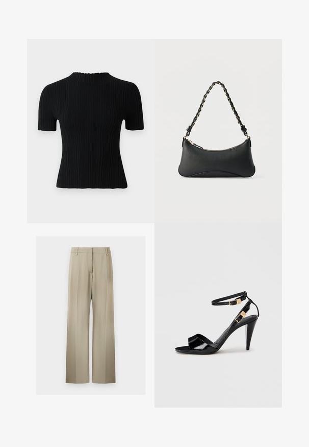 Top corto de manga corta negro con cuello alto. Presenta una tela texturizada y una silueta ajustada, ofreciendo opciones de estilo casual y versátil.; Pantalones de pierna ancha en suave tela beige, con una parte delantera plana, presillas para cinturón y una textura lisa. Cintura estándar sin patrones visibles.; Sандalia de tacón alto de charol negro con dobles correas en el tobillo y hebillas doradas, punta abierta y tacón delgado y afilado sobre un fondo neutro.; Bolso de hombro de cuero negro con forma rectangular curvada, cadena dorada entrelazada en una correa negra trenzada y cierre superior con cremallera.