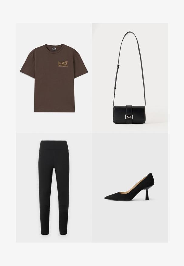 Bruine katoenen t-shirt met ronde hals en korte mouwen. Voorzien van het gouden logo "EA7 Emporio Armani" op de linkerborst. Eenvoudig ontwerp, gladde textuur.; Zwarte legging met een gladde textuur, een hoog tailleontwerp en een aansluitende pasvorm. De stof is rekbaar en veelzijdig voor verschillende activiteiten.; Zwarte suède high-heeled pump met een spitse neus, voorzien van een glanzende zwarte blokhak en een gladde binnenvoering.; Zwarte leren schoudertas met verstelbare riem en zilveren rechthoekige gesp met de letters A en X op een effen achtergrond.